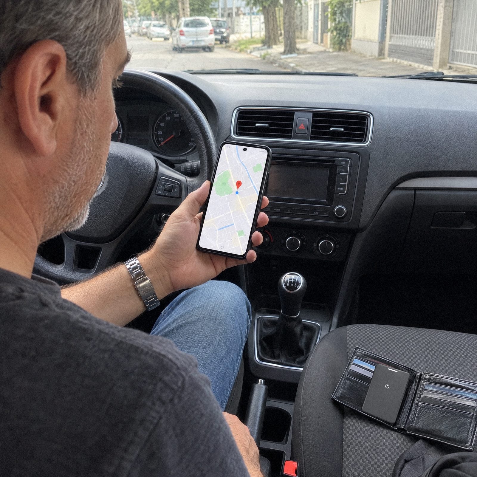 Homem vendo no celular onde está a carteira com o Cartão Rastreador Carbon